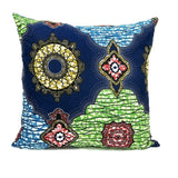Housse de coussin Africa losange arrondi bleu marine, bleu ciel, vert et rouge