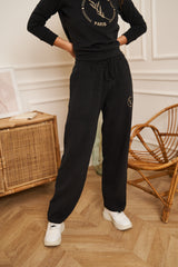 PANTALON DE JOGGING NOIR GAUFRE COUPE DROITE BRODE