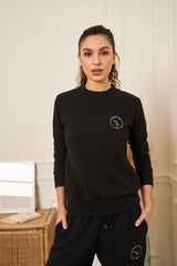 SWEAT NOIR GAUFRE MOLLETON COL ROND BRODE