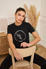 TEE-SHIRT FEMME NOIR COL ROND GROS LOGO BRODERIE BLANC