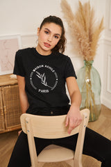 TEE-SHIRT FEMME NOIR COL ROND GROS LOGO BRODERIE BLANC