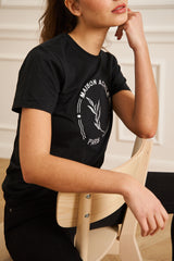 TEE-SHIRT FEMME NOIR COL ROND GROS LOGO BRODERIE BLANC