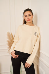 SWEAT BEIGE COL ROND BRODE COURT