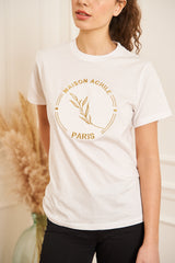 TEE-SHIRT FEMME BLANC COL ROND GROS LOGO BRODERIE DORE