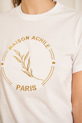 TEE-SHIRT FEMME BLANC COL ROND GROS LOGO BRODERIE DORE