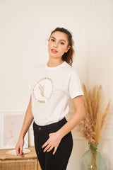 TEE-SHIRT FEMME BLANC COL ROND GROS LOGO BRODERIE DORE