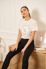 TEE-SHIRT FEMME BLANC COL ROND GROS LOGO BRODERIE DORE
