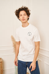 TEE-SHIRT HOMME BLANC COL ROND PETIT LOGO BRODERIE BLEU MARINE