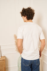 TEE-SHIRT HOMME BLANC COL ROND PETIT LOGO BRODERIE BLEU MARINE