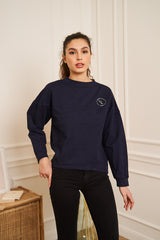 SWEAT BLEU MARINE COL ROND BRODE LONG