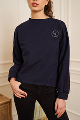 SWEAT BLEU MARINE COL ROND BRODE LONG