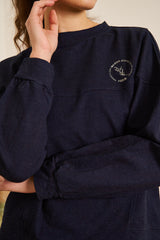 SWEAT BLEU MARINE COL ROND BRODE LONG