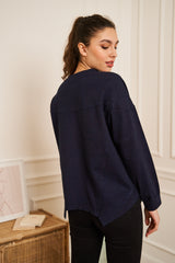 SWEAT BLEU MARINE COL ROND BRODE LONG