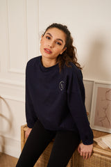 SWEAT BLEU MARINE COL ROND BRODE COURT