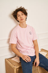 TEE-SHIRT HOMME ROSE COL ROND PETIT LOGO BRODERIE BLEU MARINE