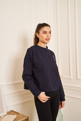 SWEAT BLEU MARINE COL ROND BRODE COURT