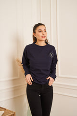 SWEAT BLEU MARINE COL ROND BRODE COURT