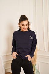 SWEAT BLEU MARINE COL ROND BRODE COURT