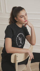 TEE-SHIRT FEMME NOIR COL ROND GROS LOGO BRODERIE BLANC