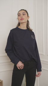 SWEAT BLEU MARINE COL ROND BRODE COURT
