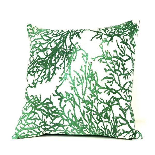 Housse de coussin camaïeu vert motifs coraux
