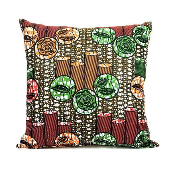 Housse de coussin Africa cylindre et rond vert, orange, marron, rouge