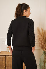 SWEAT NOIR GAUFRE MOLLETON COL ROND BRODE