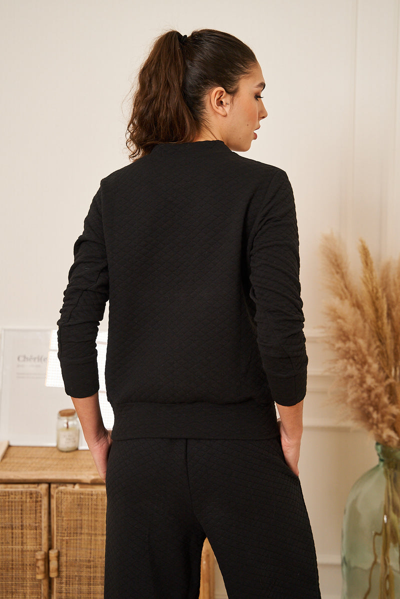 SWEAT NOIR GAUFRE MOLLETON COL ROND BRODE