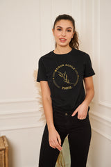 TEE-SHIRT FEMME NOIR COL ROND GROS LOGO BRODERIE DORE