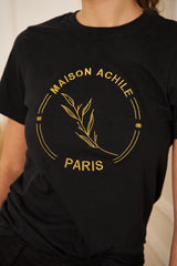 TEE-SHIRT FEMME NOIR COL ROND GROS LOGO BRODERIE DORE