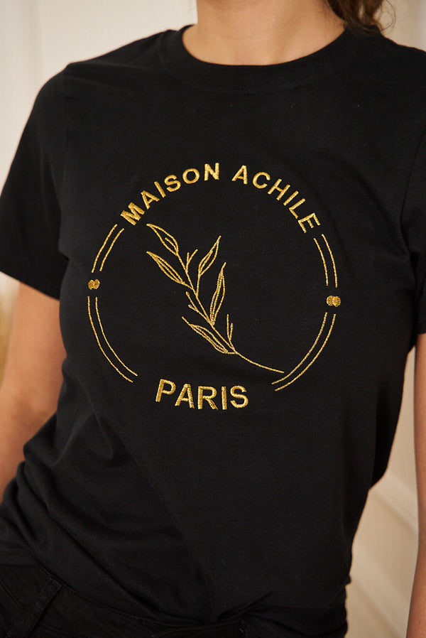 TEE-SHIRT FEMME NOIR COL ROND GROS LOGO BRODERIE DORE
