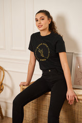TEE-SHIRT FEMME NOIR COL ROND GROS LOGO BRODERIE DORE