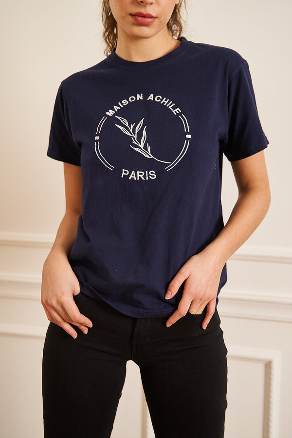 TEE-SHIRT FEMME BLEU MARINE COL ROND GROS LOGO BRODERIE BLANC