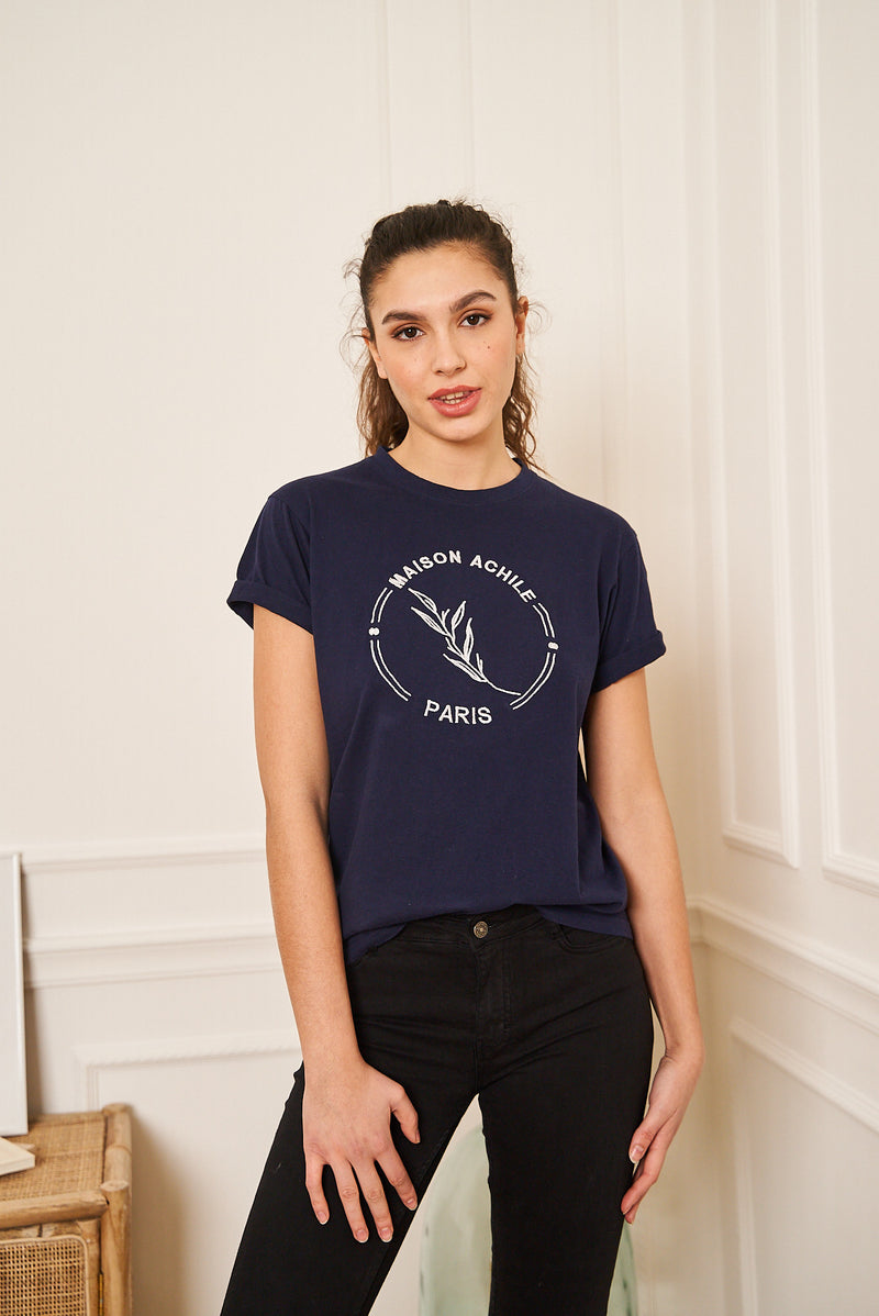 TEE-SHIRT FEMME BLEU MARINE COL ROND GROS LOGO BRODERIE BLANC