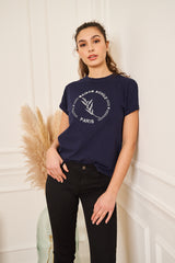 TEE-SHIRT FEMME BLEU MARINE COL ROND GROS LOGO BRODERIE BLANC