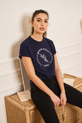 TEE-SHIRT FEMME BLEU MARINE COL ROND GROS LOGO BRODERIE BLANC