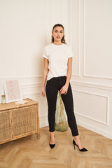 TEE-SHIRT FEMME BLANC COL ROND PETIT LOGO BRODERIE ROSE