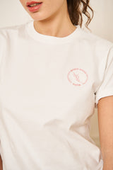 TEE-SHIRT FEMME BLANC COL ROND PETIT LOGO BRODERIE ROSE