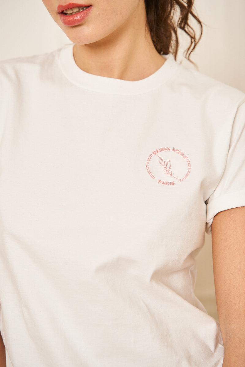 TEE-SHIRT FEMME BLANC COL ROND PETIT LOGO BRODERIE ROSE