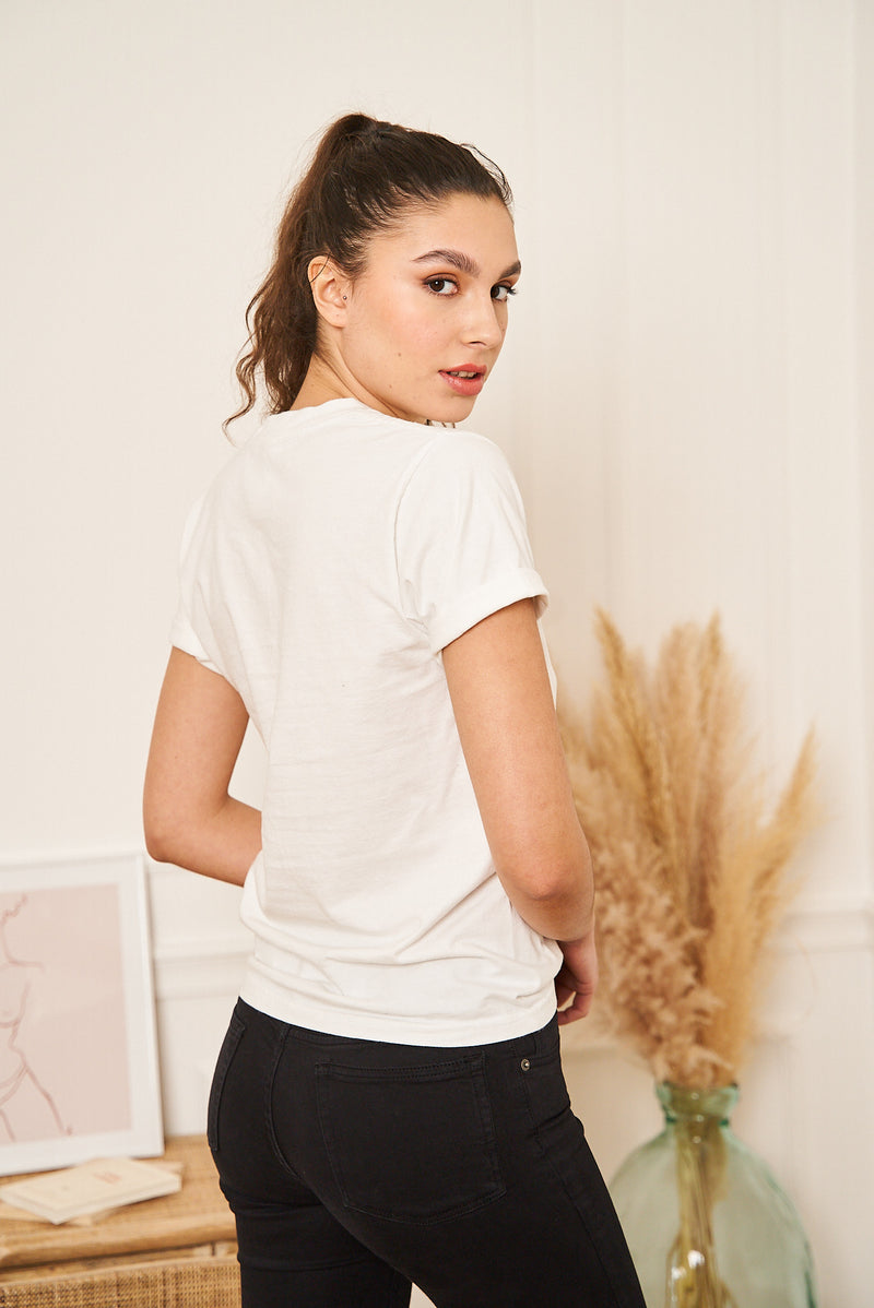TEE-SHIRT FEMME BLANC COL ROND PETIT LOGO BRODERIE ROSE