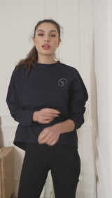 SWEAT BLEU MARINE COL ROND BRODE LONG